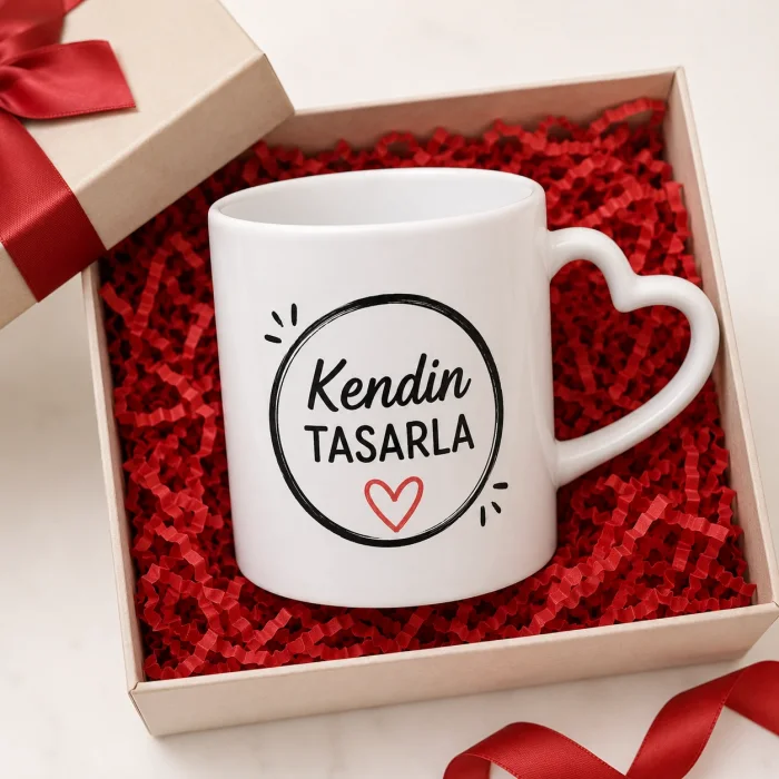 Kişiye Özel Kendin Tasarla Beyaz Kalp Kulplu Kupa Bardak