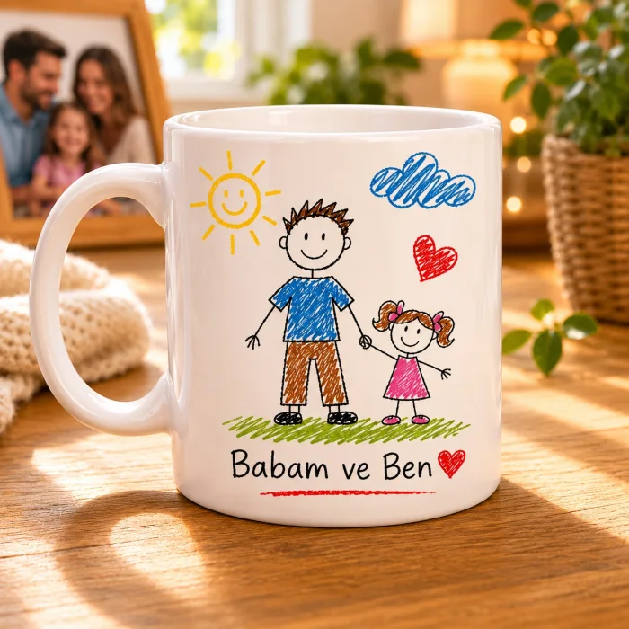 Babam ve Kızı Çocuk Çizimi Kupa