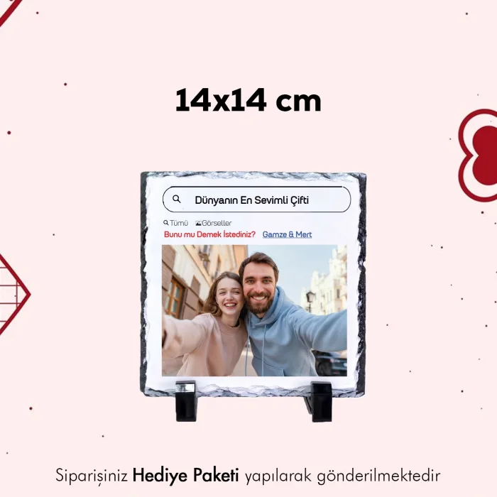 Dünyanın En Sevimli Çifti İsimli ve Fotoğraf Baskılı Doğal Taş 15X15 cm