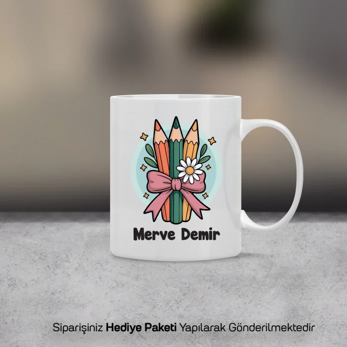 İsme Özel Papatyalı Kalem Kupa Bardak