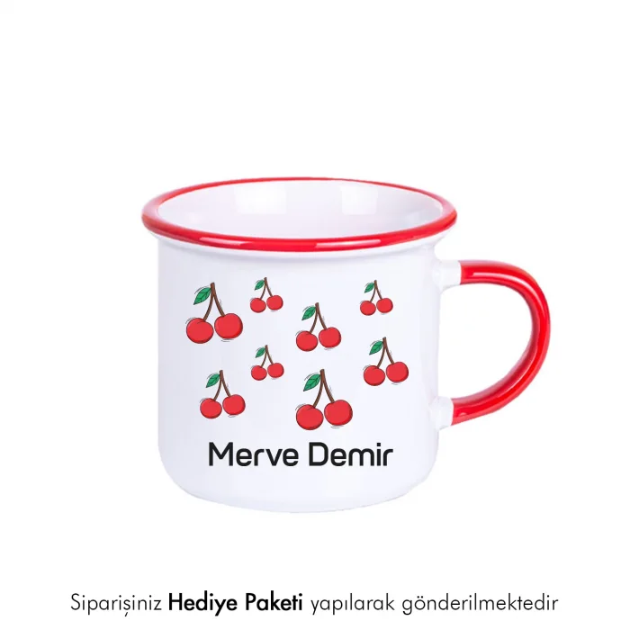 Kiraz Desenli Kırmızı Enamel Kupa Bardak