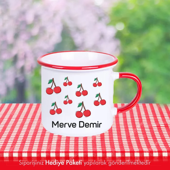 Kiraz Desenli Kırmızı Enamel Kupa Bardak