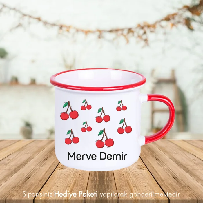 Kiraz Desenli Kırmızı Enamel Kupa Bardak