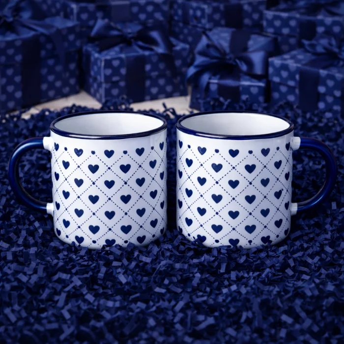 Romantik Lacivert Desenli Enamel Kupa Seti