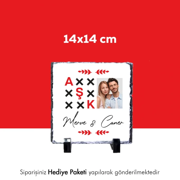 Sevgiliye Özel Aşk Yazılı Fotoğraf Ve İsim Baskılı Doğal Taş 15X15 cm