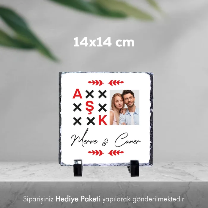 Sevgiliye Özel Aşk Yazılı Fotoğraf Ve İsim Baskılı Doğal Taş 15X15 cm