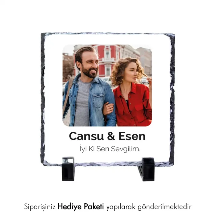 Sevgiliye Özel Fotoğraf Ve İsim Baskılı Doğal Taş 15X15 cm
