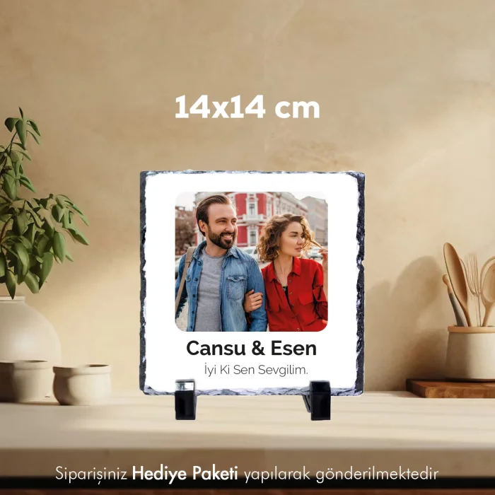 Sevgiliye Özel Fotoğraf Ve İsim Baskılı Doğal Taş 15X15 cm