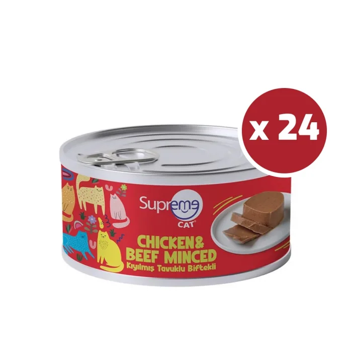 Supreme Cat Tavuklu ve Biftekli Kıyılmış Yetişkin Konserve Kedi Maması 85gr 24lü