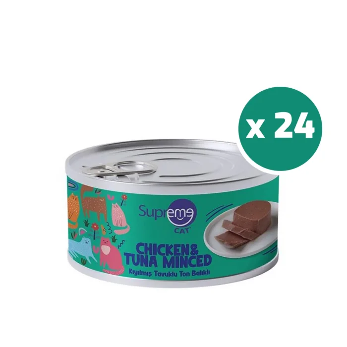 Supreme Cat Tavuklu ve Ton Balıklı Kıyılmış Yetişkin Konserve Kedi Maması 85gr 24lü