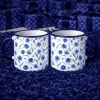 Çiçek Desenli Lacivert Enamel Kupa Seti