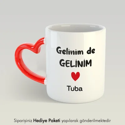 Gelinim De Gelinim Kişiye Özel İsimli Kırmızı Kalpli Kupa Bardak