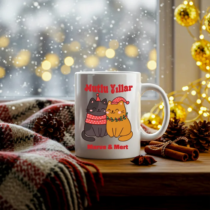Çiftlere Özel İsimli Noel Kedileri Kupası