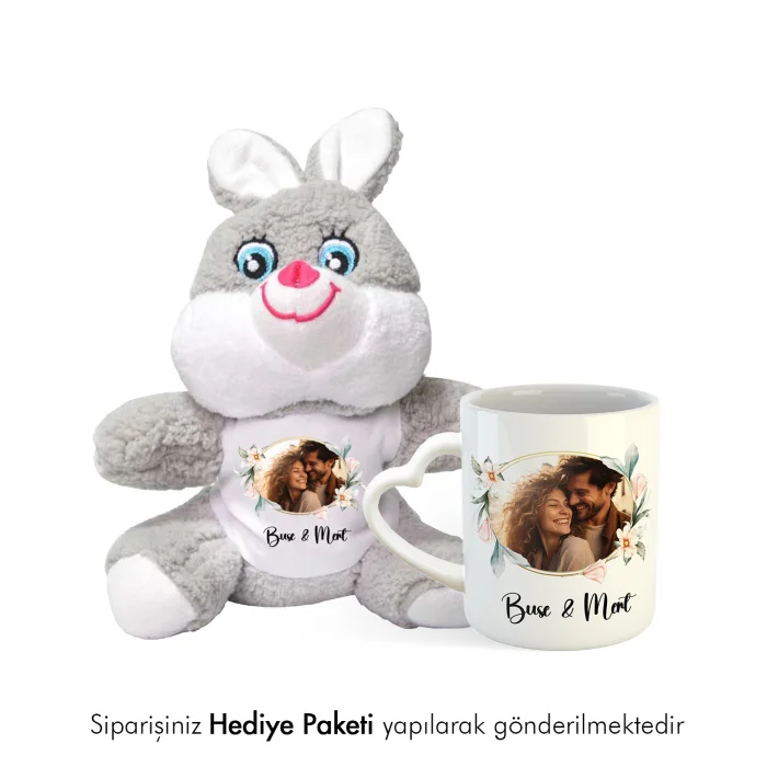 Sevgiliye Özel İsim Baskılı Hediye Peluş Tavşan Kupa Seti