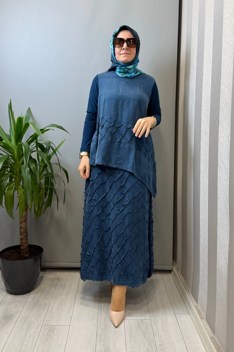 Misswhence Kafes Nervür Detaylı İpek Takım İndigo 39002