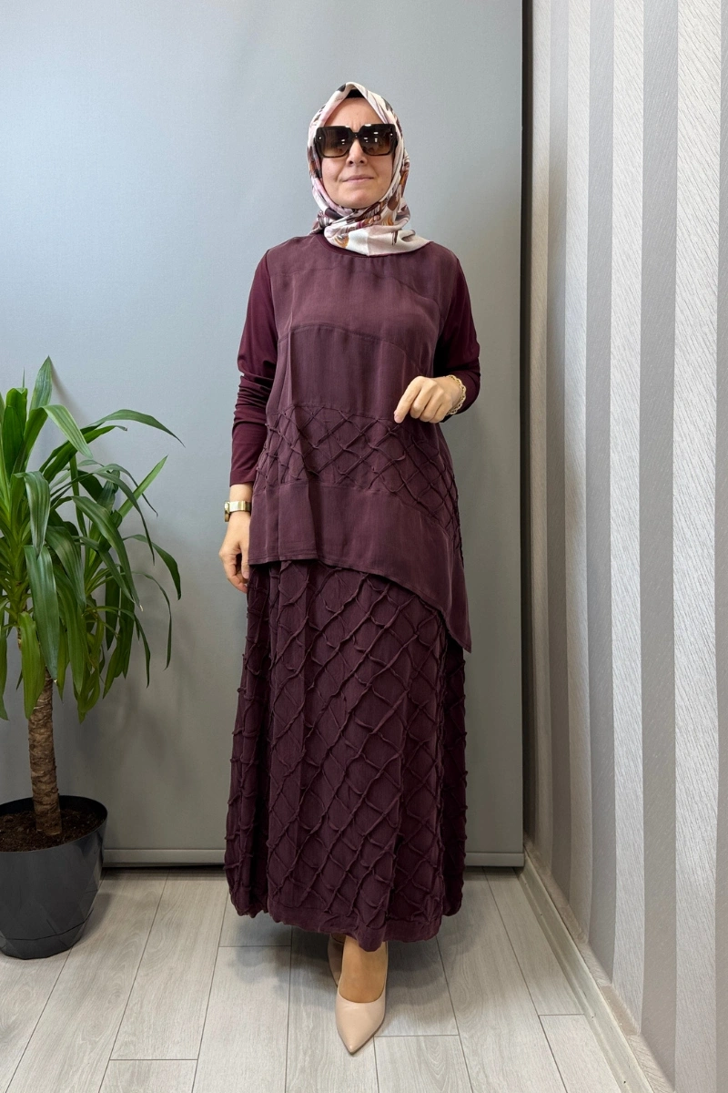 Misswhence Kafes Nervür Detaylı İpek Takım Bordo 39002