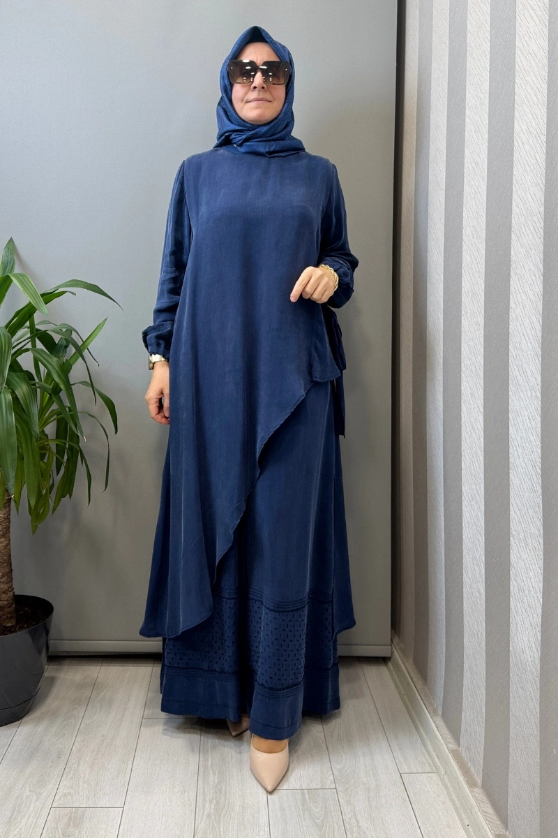 Misswhence Lazer Kesim Detaylı İpek Takım İndigo 39003