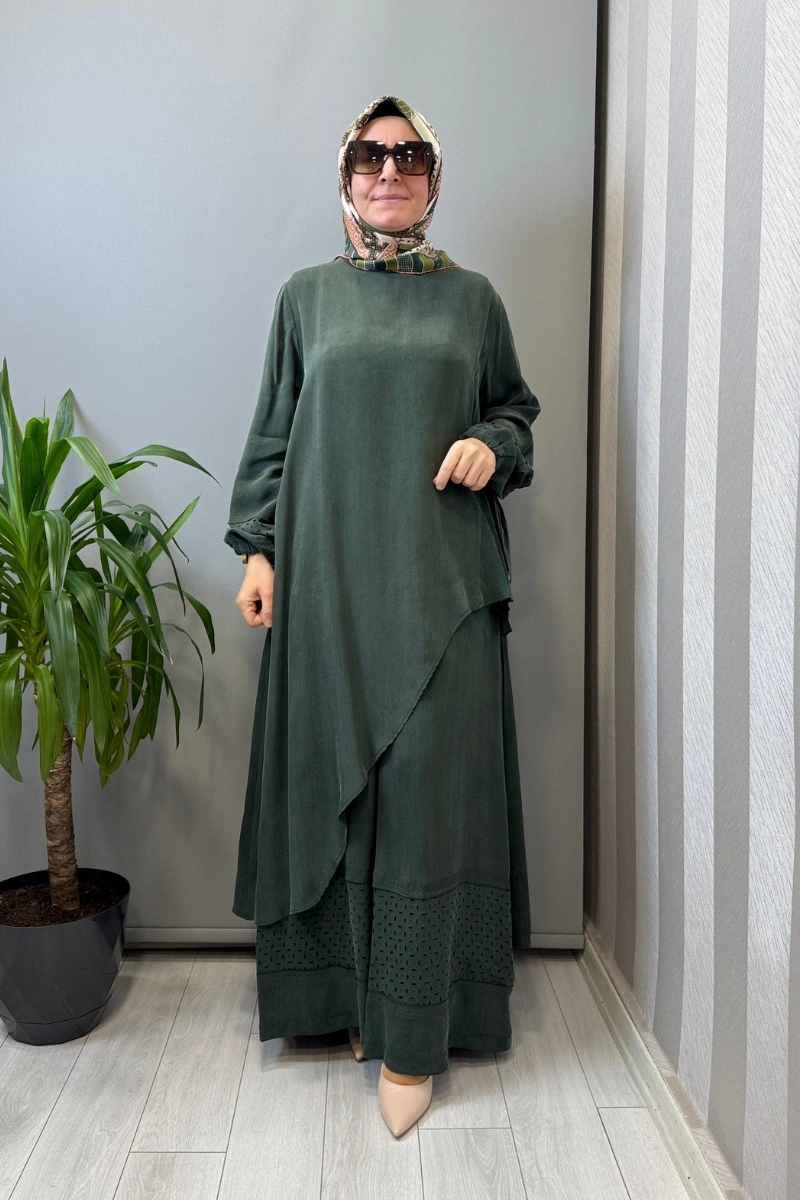 Misswhence Lazer Kesim Detaylı İpek Takım Yeşil 39003