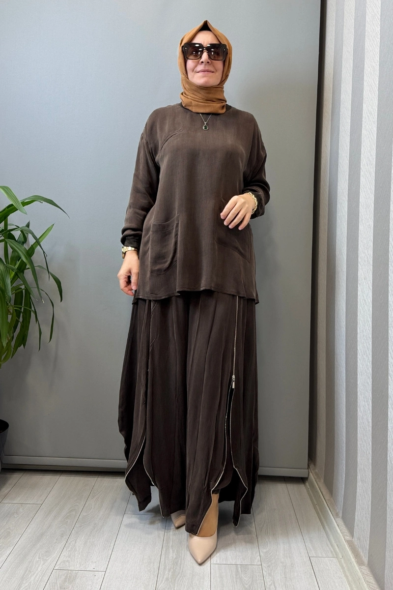 Misswhence Fermuar Detaylı Şalvarlı Takım Kahve 39004