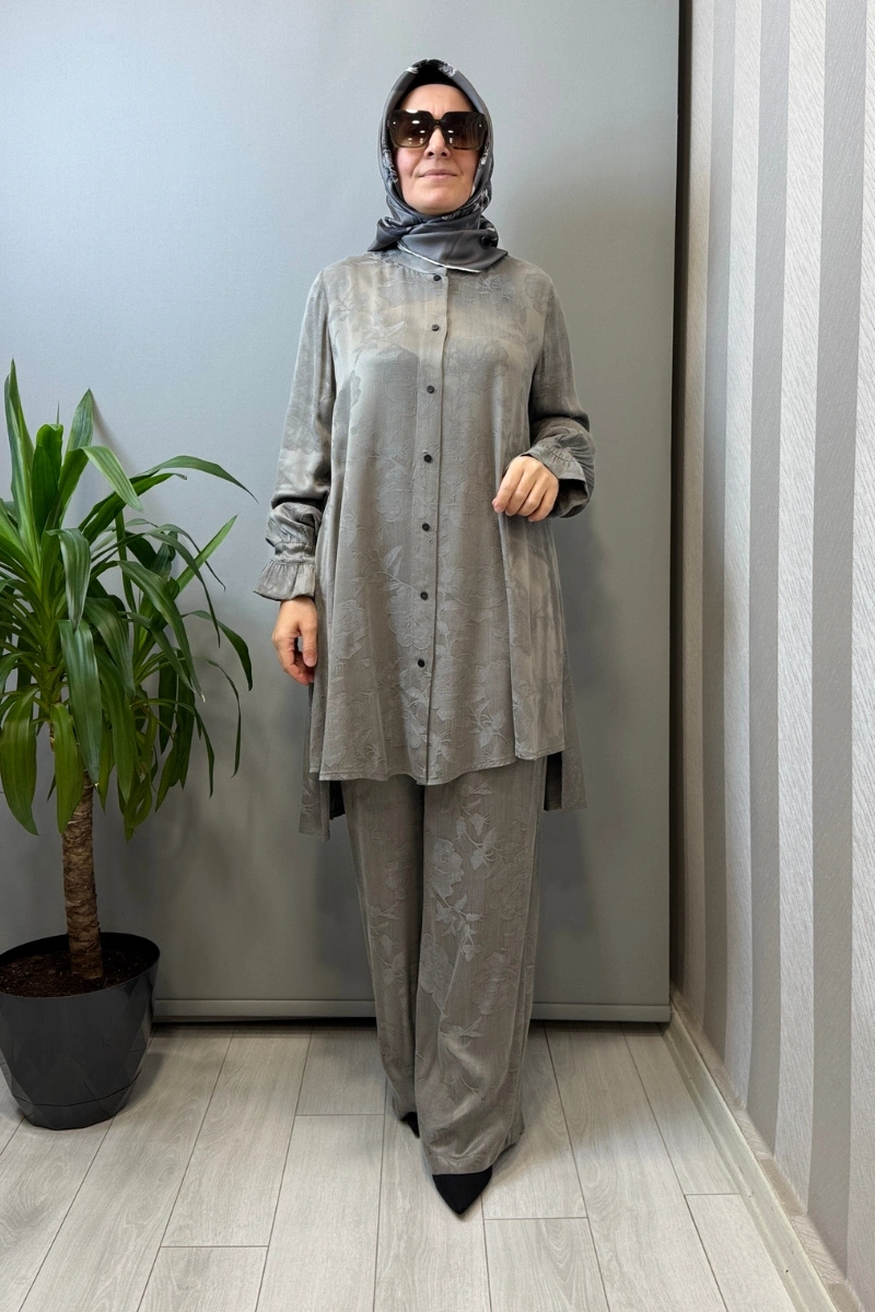 Misswhence Çıtçıtlı İpek Gömlek Takım Gri 39019