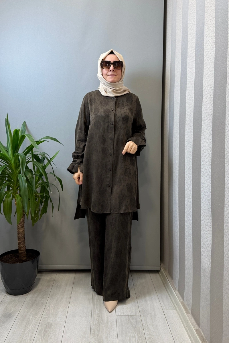 Misswhence Çıtçıtlı İpek Gömlek Takım Kahve 39019