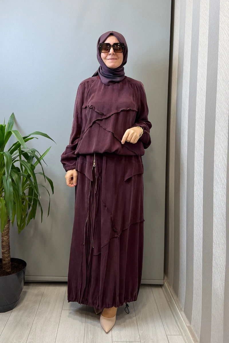 Misswhence Ters Dikiş Detaylı İpek Takım Bordo 39020