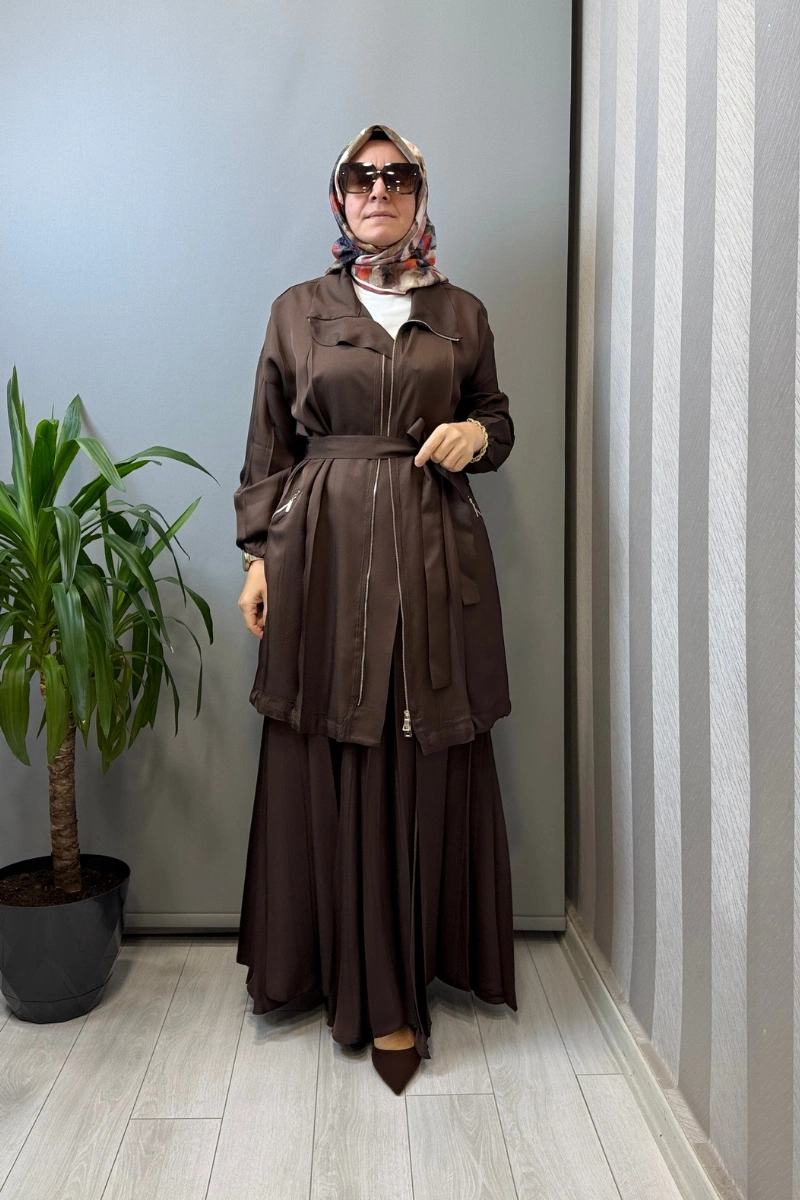 Misswhence Fermuar Detaylı Ceketli Etek Takım Kahve 39203