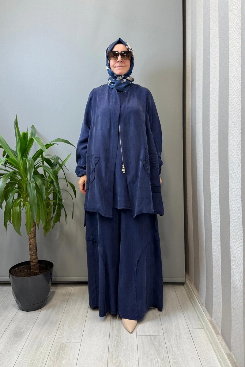 Misswhence Üçlü İpek Takım Lacivert 39208