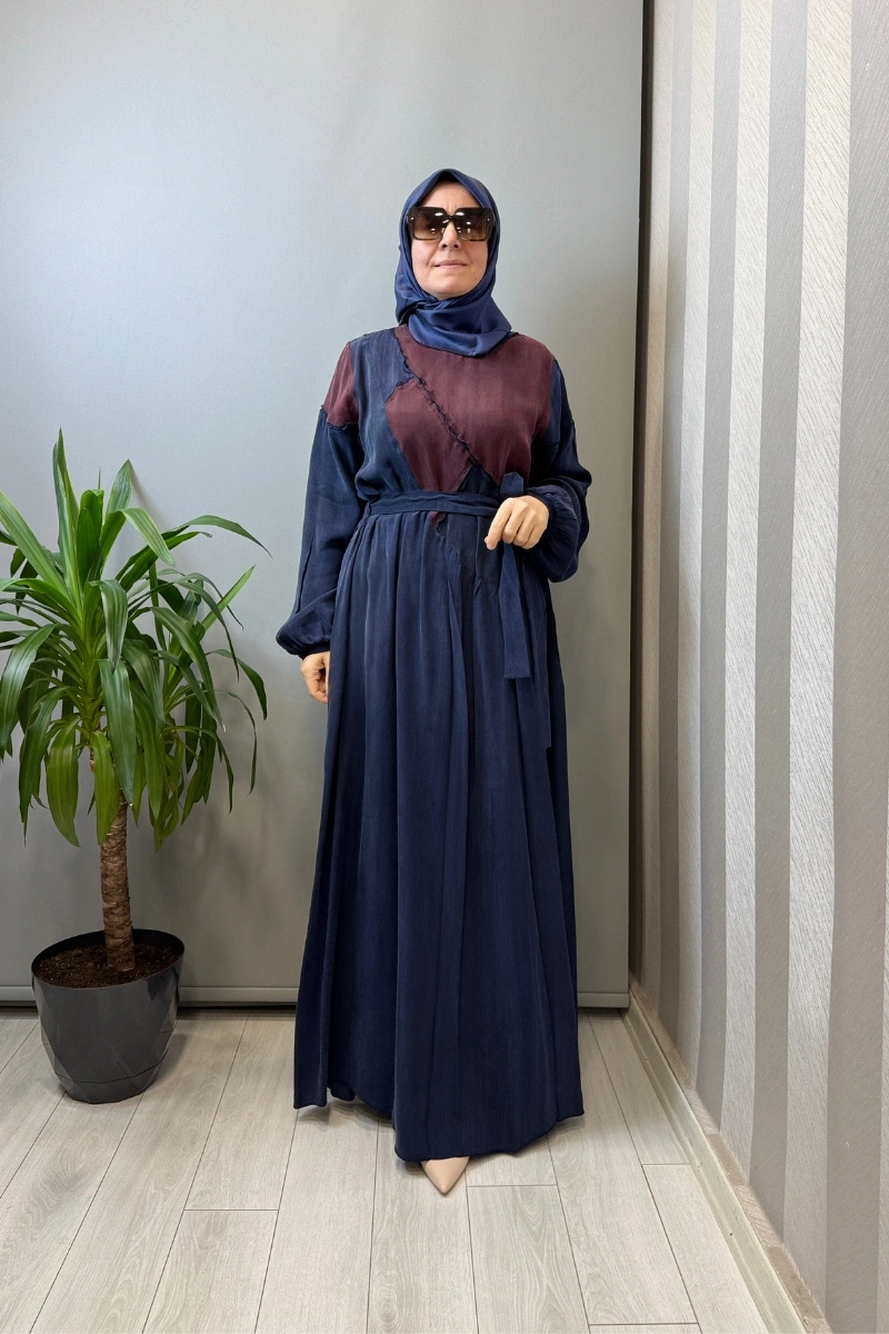 Misswhence Patchwork İpek Elbise Lacivert 39801