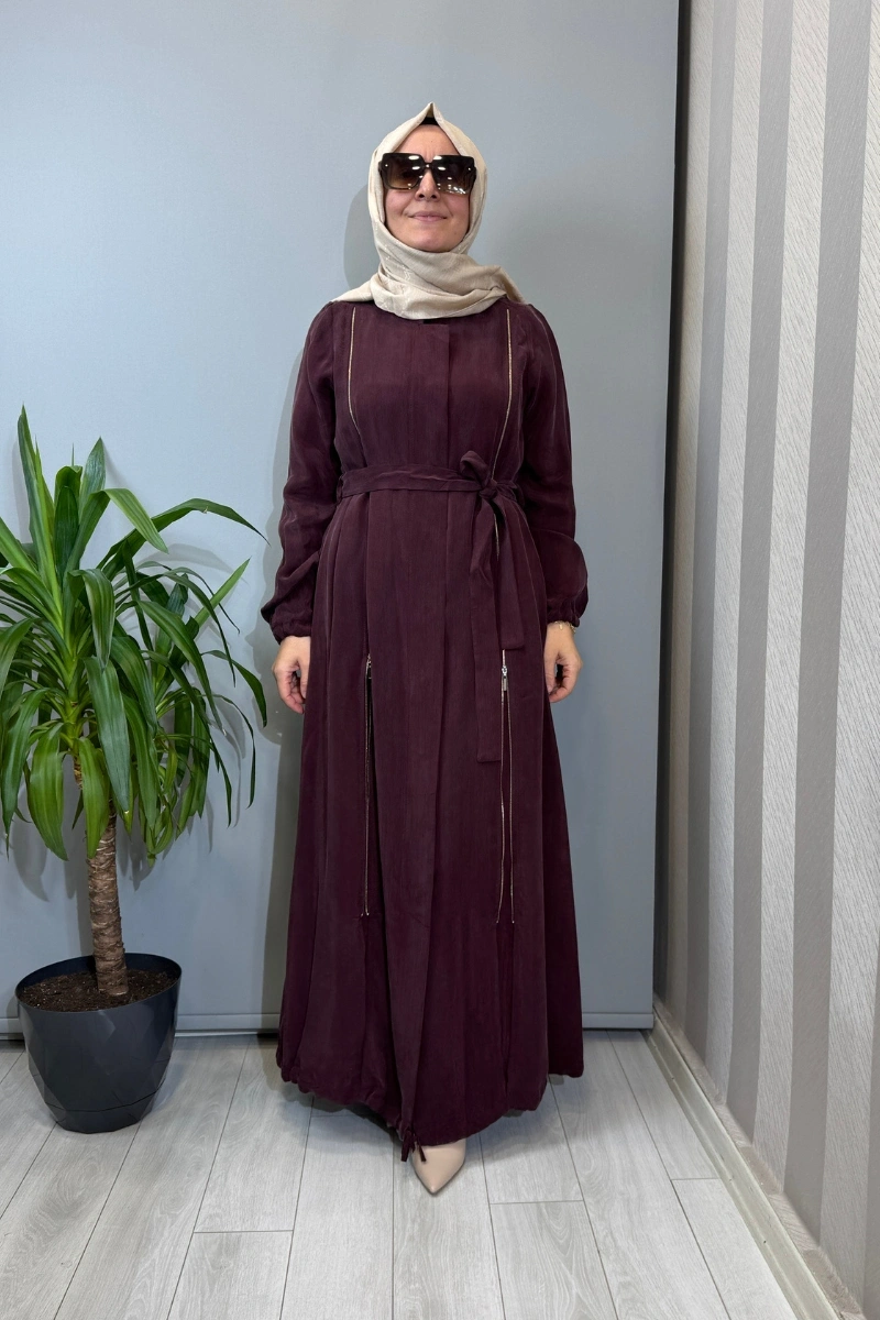 Misswhence Fermuar Detaylı İpek Ferace Bordo 39501