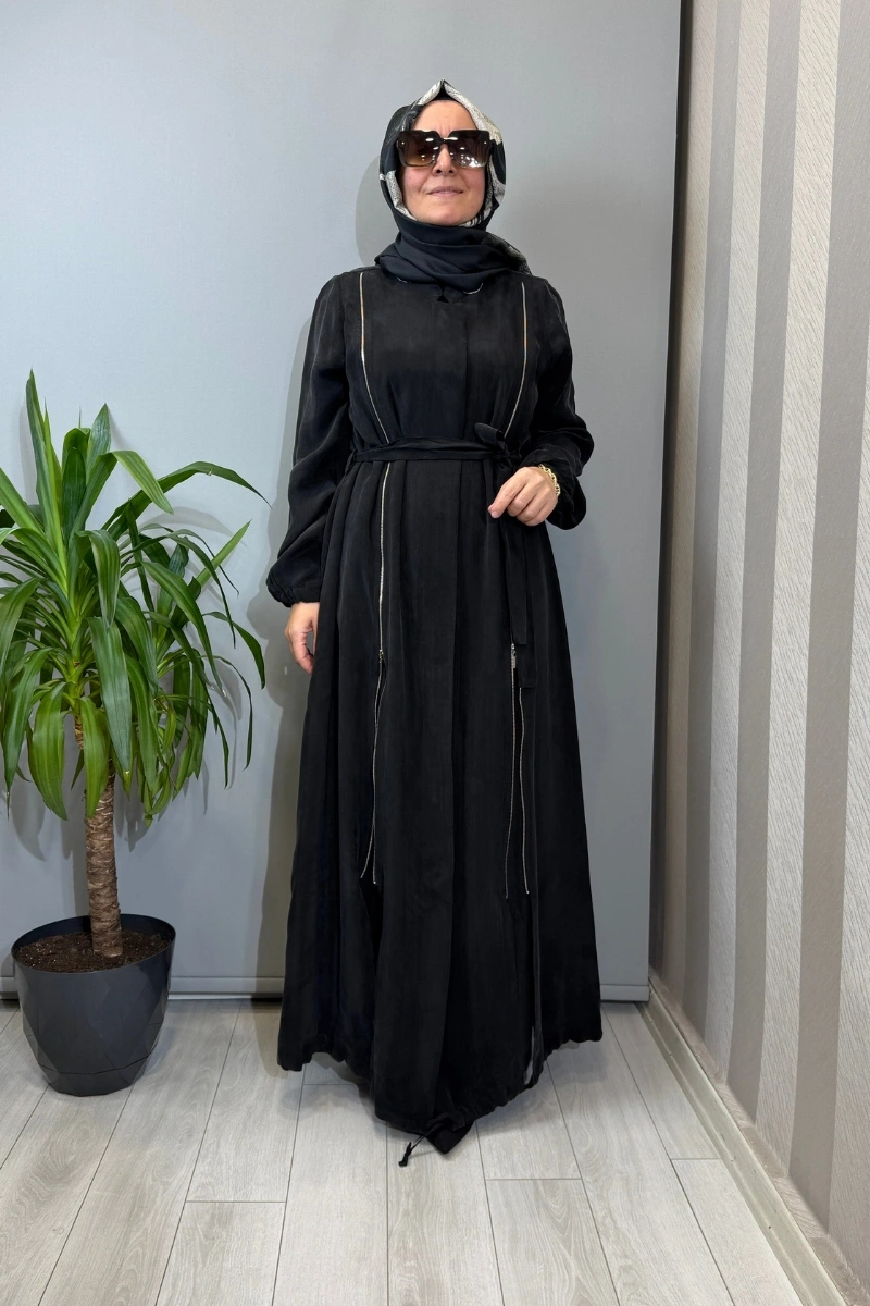 Misswhence Fermuar Detaylı İpek Ferace Siyah 39501