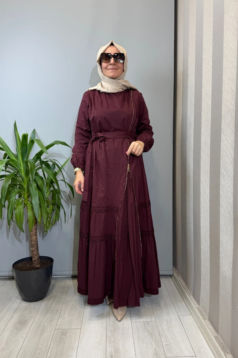 Misswhence Fermuar ve Dikiş Detaylı Poplin Elbise Bordo 39807