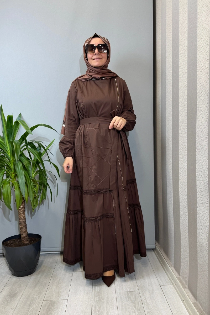Misswhence Fermuar ve Dikiş Detaylı Poplin Elbise Kahve 39807