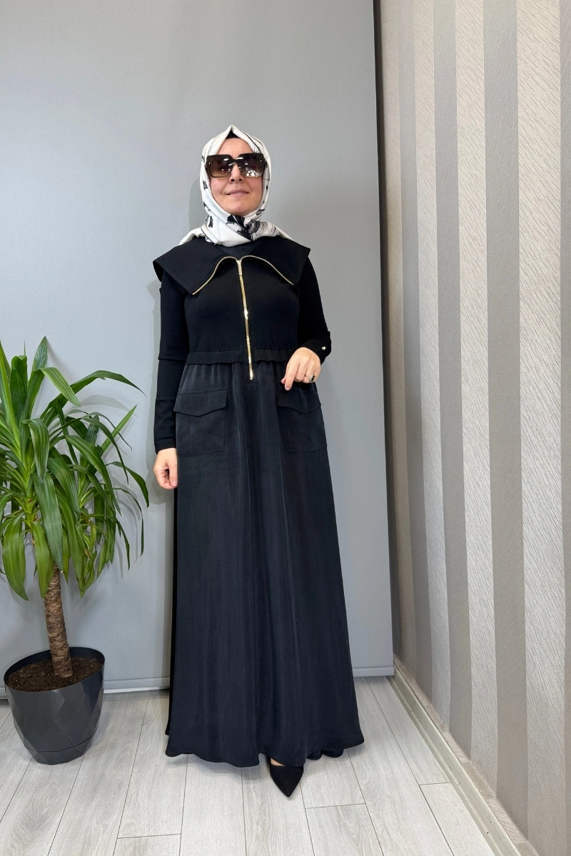 Miss Dalida Fermuar Detaylı Yüksek Yakalı Cupro Elbise Siyah T26Y-4032