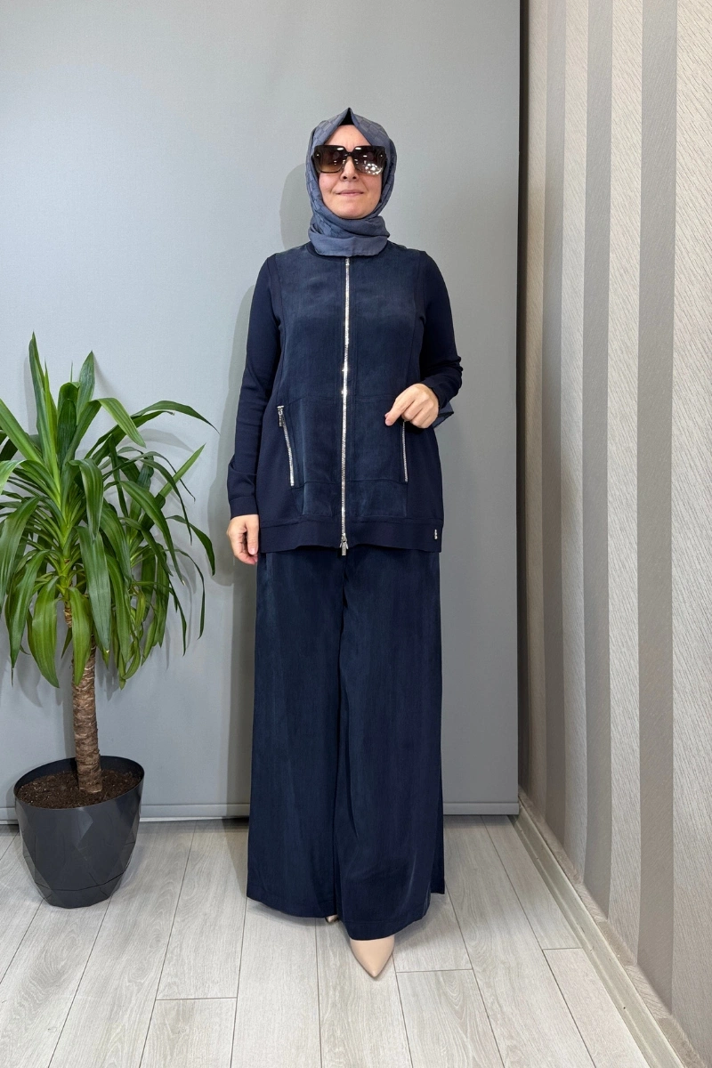 Miss Dalida Fermuarlı Cupro Detaylı Triko Ceket Lacivert T26Y-8203