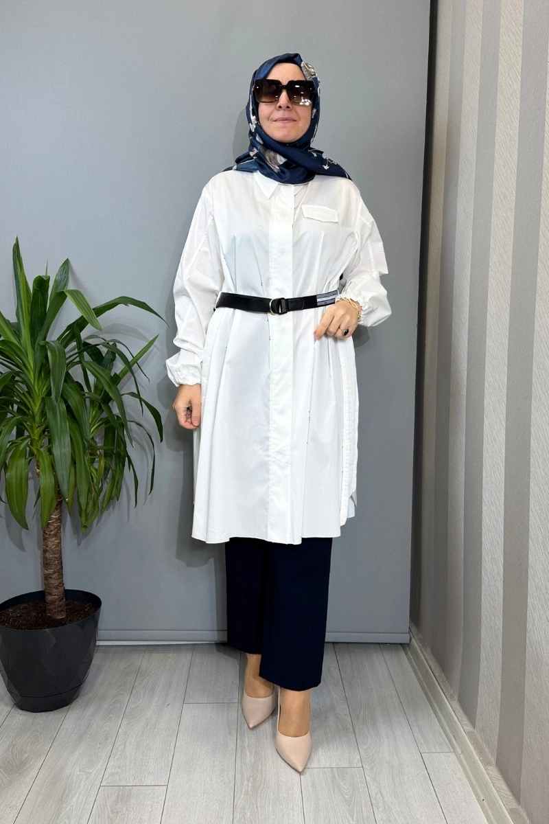 Misswhence Nervür Detaylı Kemerli Gömlek Beyaz 39305