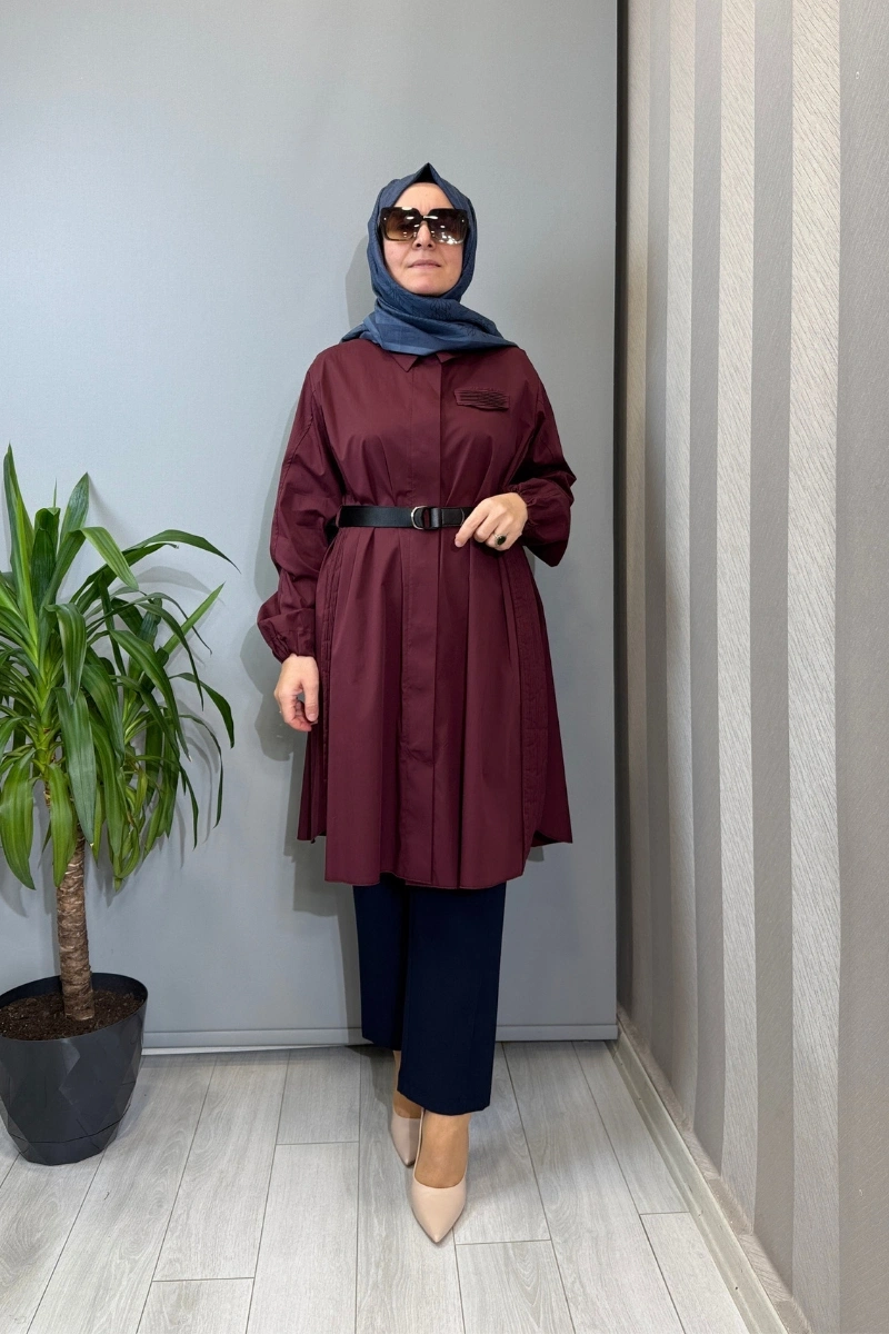 Misswhence Nervür Detaylı Kemerli Gömlek Bordo 39305