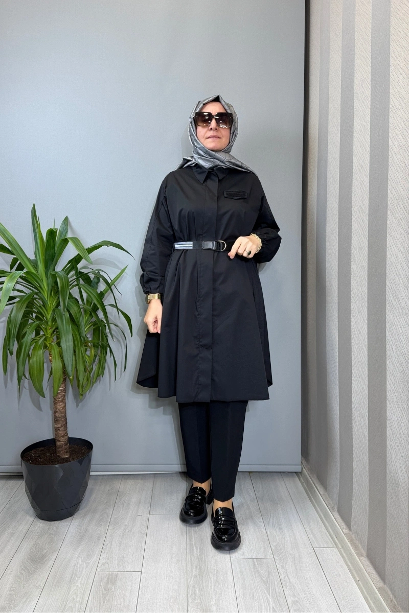 Misswhence Nervür Detaylı Kemerli Gömlek Siyah 39305