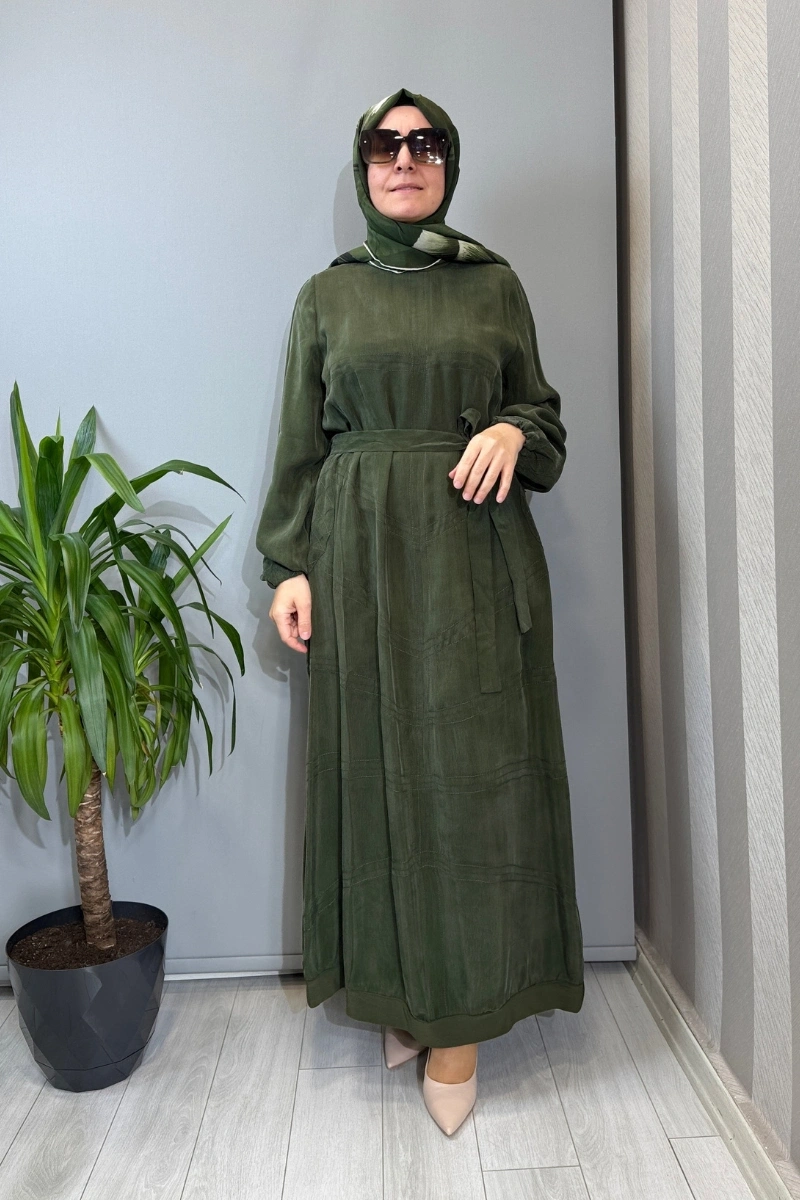 Misswhence Dikiş Detaylı Cupra İpek Elbise Haki 39800