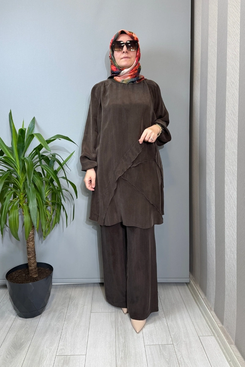 Misswhence Nervür Detaylı Cupra İpek Tunik Kahve 39017