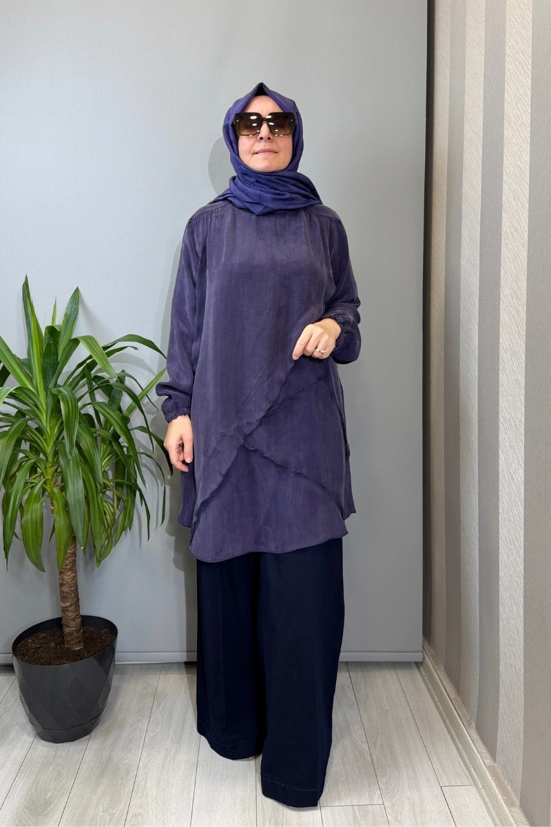 Misswhence Nervür Detaylı Cupra İpek Tunik Mor 39017