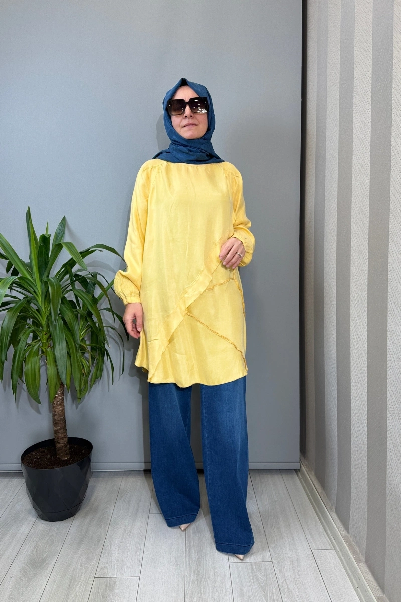 Misswhence Nervür Detaylı Cupra İpek Tunik Sarı 39017