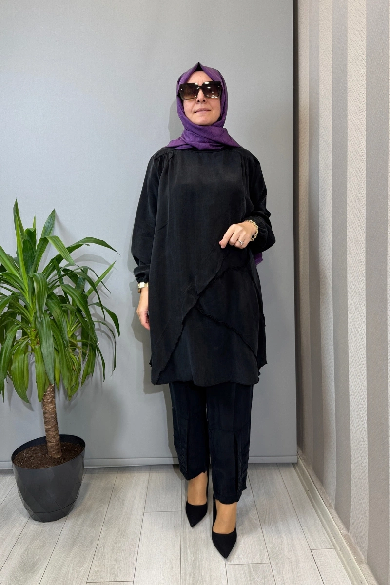 Misswhence Nervür Detaylı Cupra İpek Tunik Siyah 39017