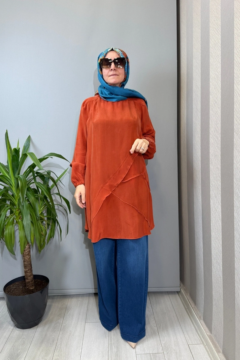 Misswhence Nervür Detaylı Cupra İpek Tunik Turuncu 39017