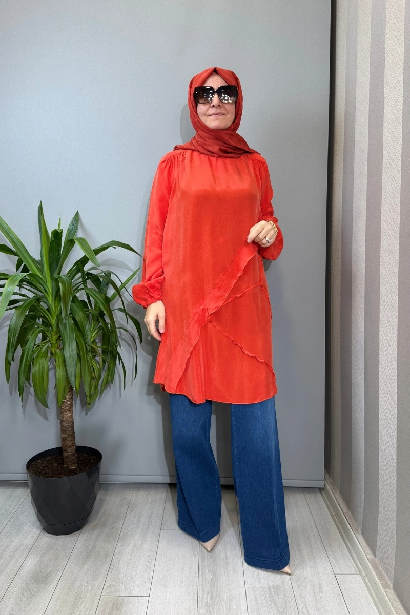 Misswhence Nervür Detaylı Cupra İpek Tunik Nar Çiçeği 39017