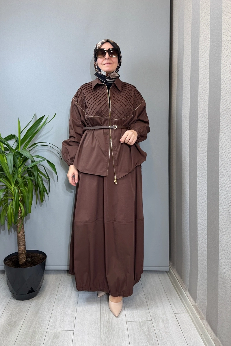 Misswhence Fermuar Detaylı Ceket Etek Takım Kahve 39307