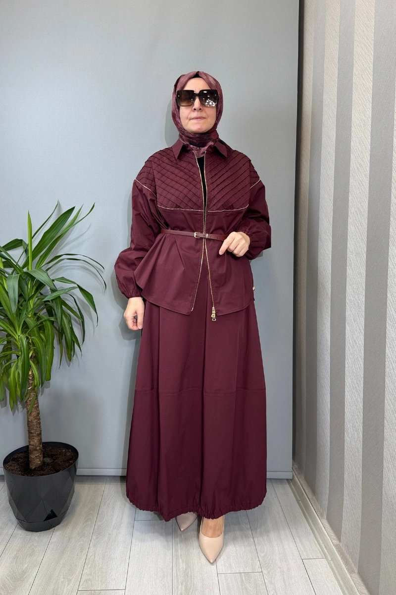 Misswhence Fermuar Detaylı Ceket Etek Takım Bordo 39307