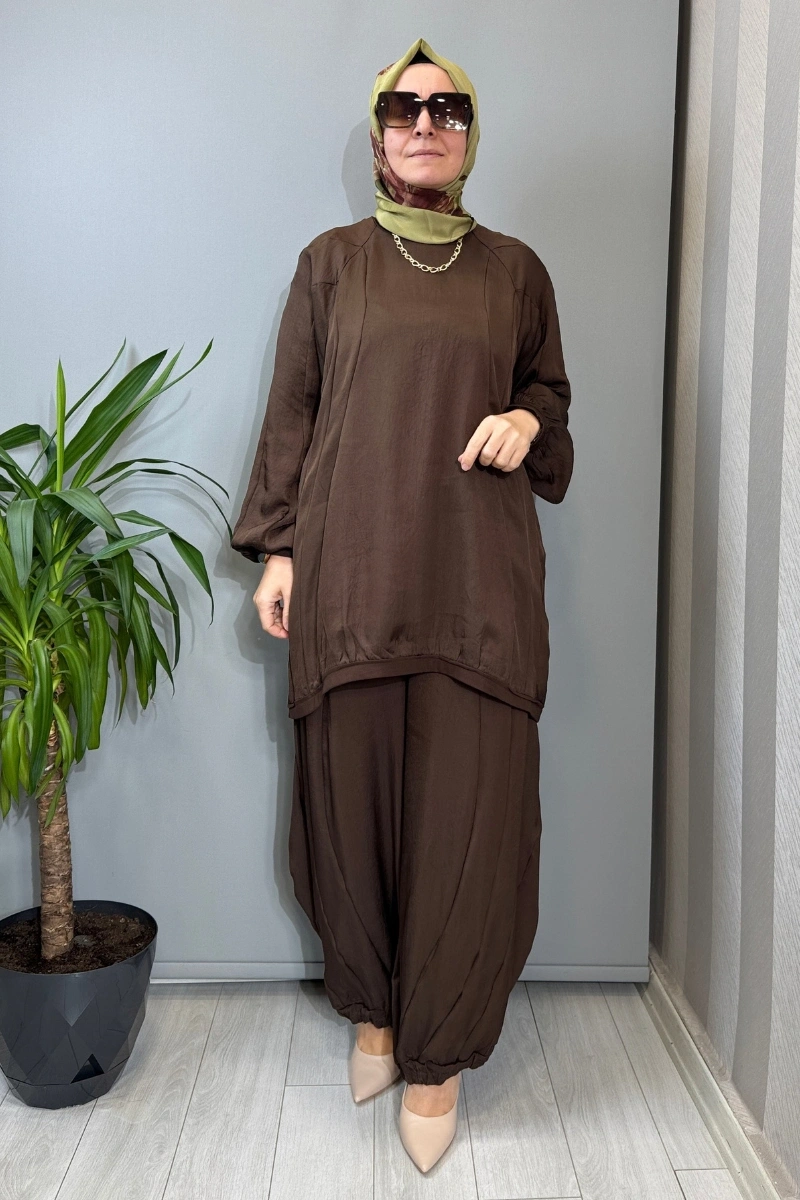 Misswhence Parça Detaylı Tunik Şalvar Takım Kahve 39022