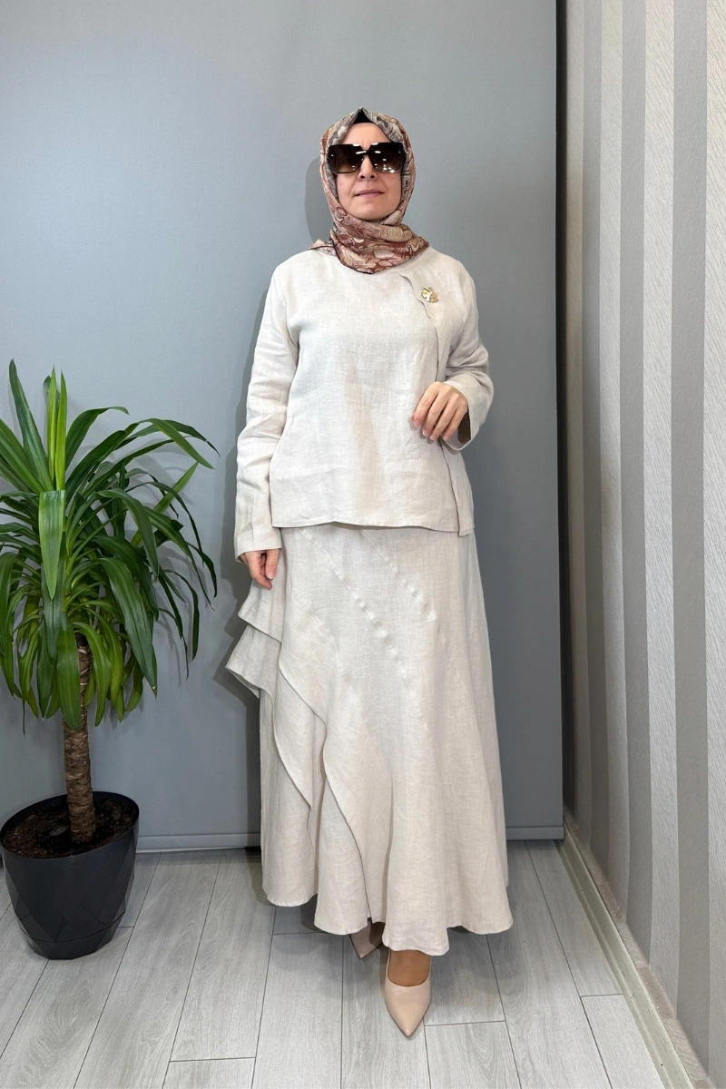 Clande Aksesuarlı Keten Bluz Etek Takım Taş 2601-2023 (3045)
