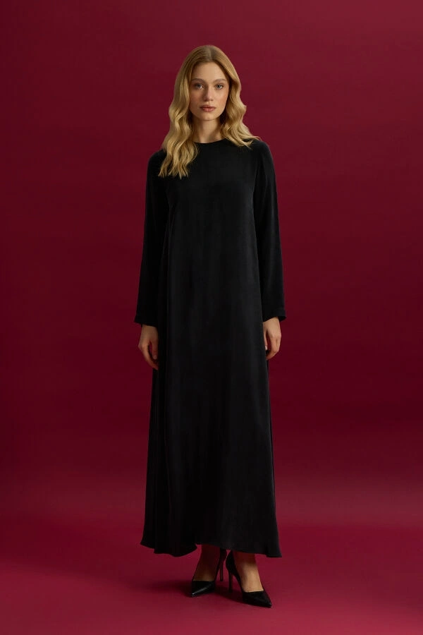 Miss Dalida Düz Renk Uzun Kollu Cupro Elbise Siyah T26Y-4008